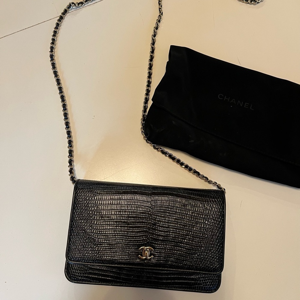Chanel Wallet on Chain Black Lizard Embossed Crossbody Bag